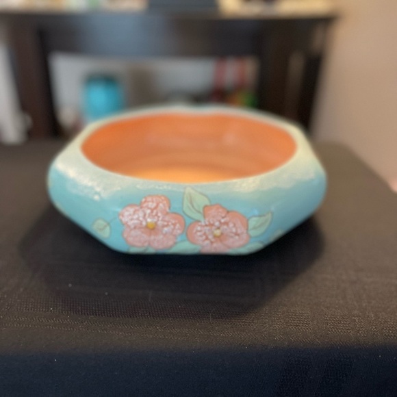 Vintage Ceramic Teal & Peach Floral Artisan Bowl Planter Pot Dish - Picture 2 of 6